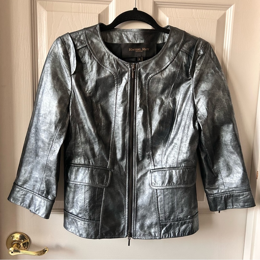 Rachel Roy Signature Silver Metallic Leather Jacket, Size 6
